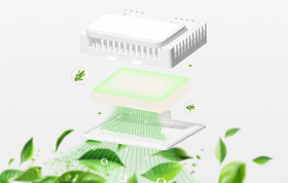 Ilustrație care prezintă structura filtrului de mirosuri CatLink, cu o cartuș verde și un motiv cu frunze
