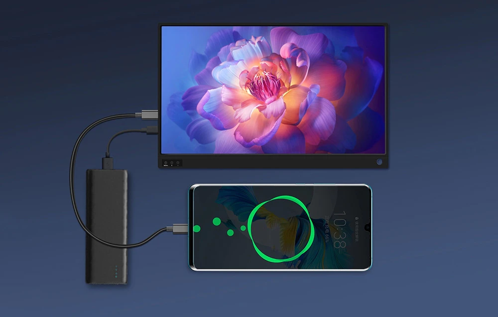 Monitor portabil și smartphone conectate simultan la o baterie externă, demonstrând funcția de alimentare externă