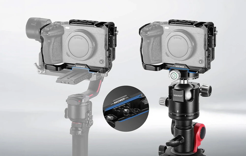 Carcasa Neewer pe o cameră Sony FX3/FX30 montată pe un gimbal și un cap sferic de trepied, cu sistemul de montare vizibil.
