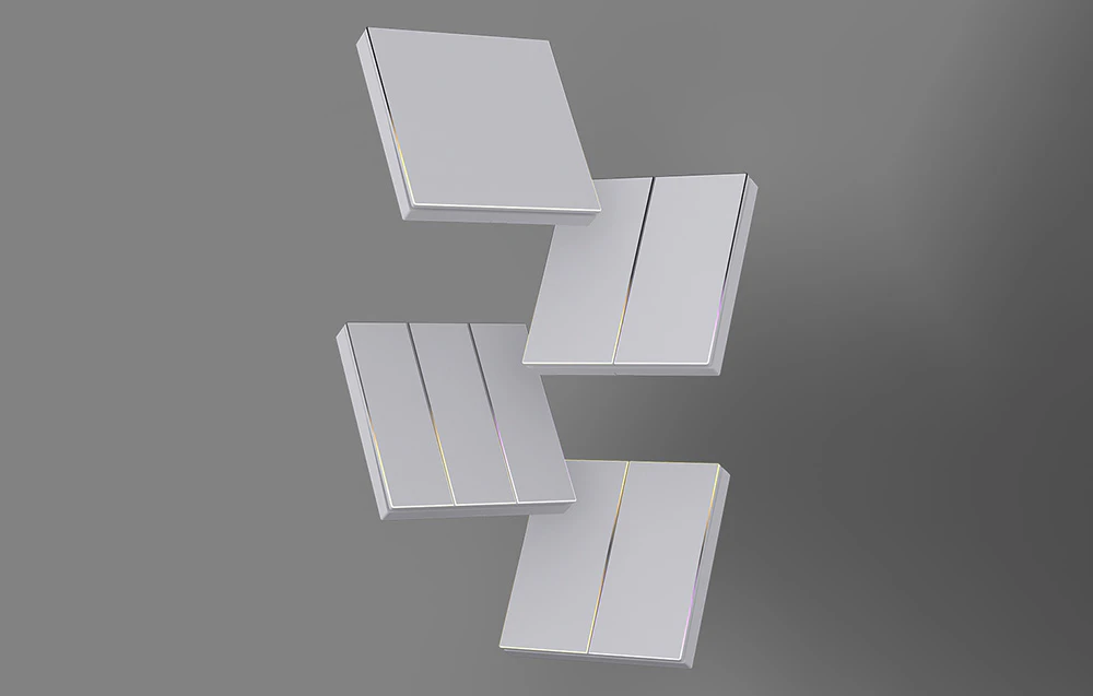 Patru comutatoare tactile albe cu iluminare de fundal cu LED - diverse configurații de taste într-un aranjament spațial