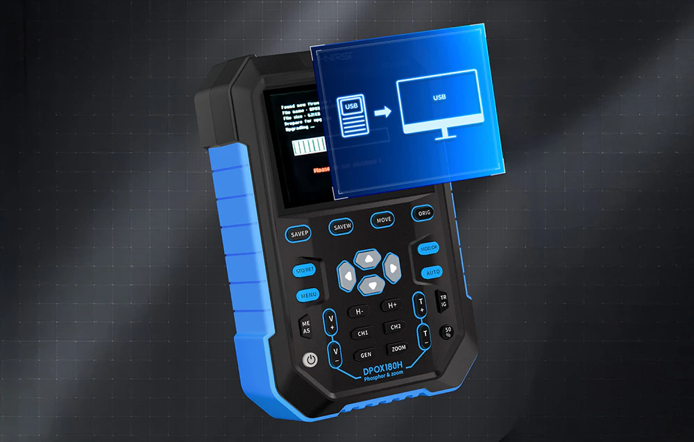 Osciloscop portabil cu grafică care ilustrează transferul de date USB către un computer