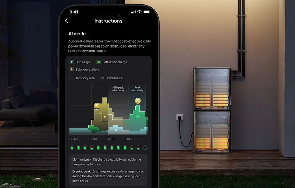 Smartphone cu aplicație de gestionare a energiei lângă un acumulator de energie stivuit pe verticală, cu bateriile vizibile