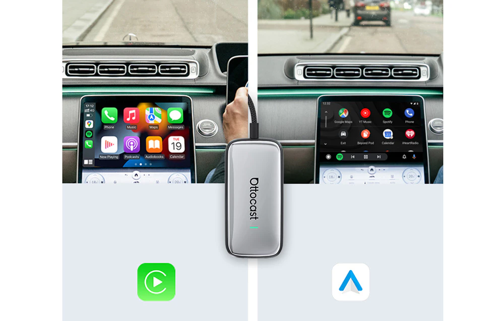 Adaptor Ottocast care conectează CarPlay și Android Auto într-o mașină