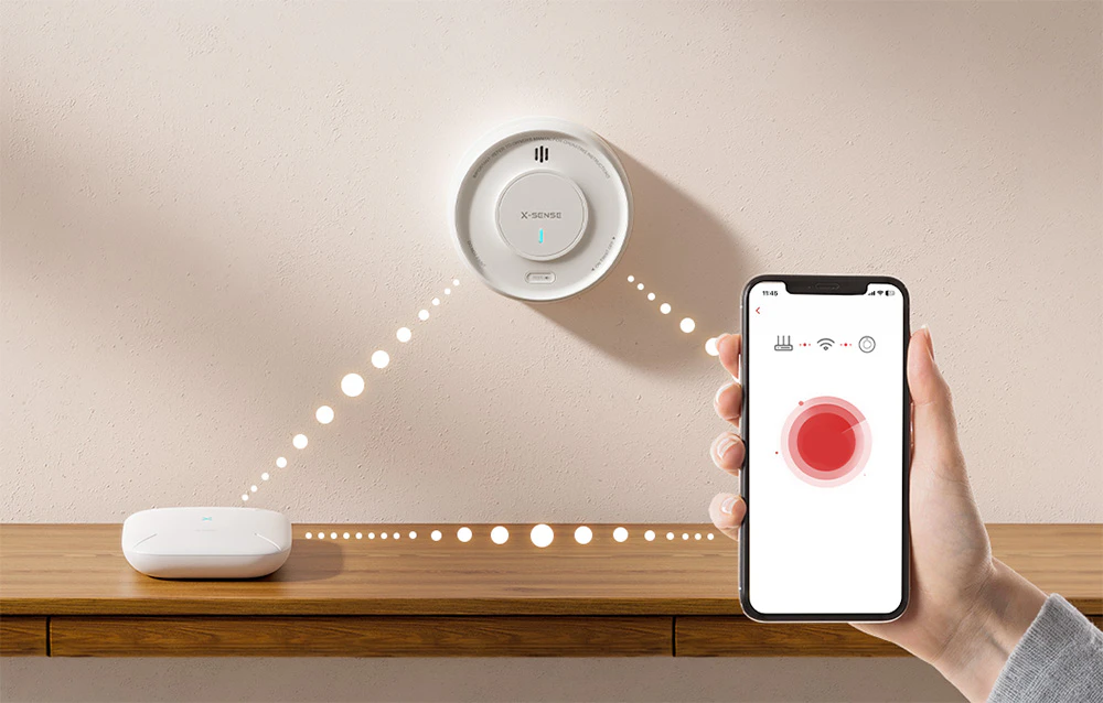 Un smartphone care afișează o alarmă, conectat wireless la un detector de fum montat pe perete și la o stație de bază de blat