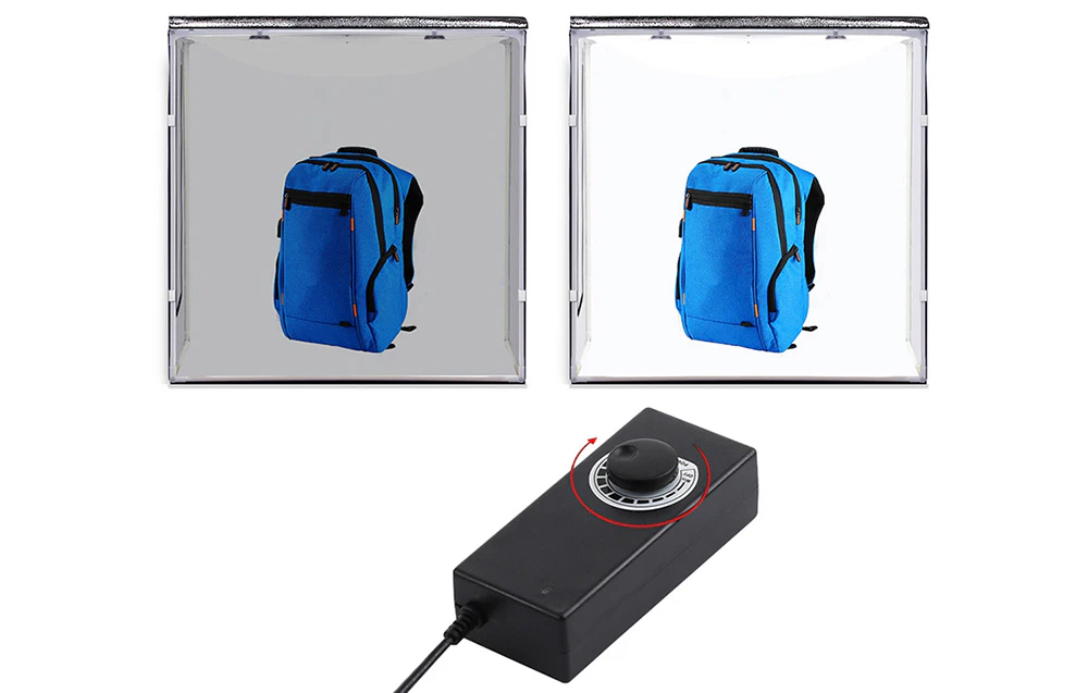 Comparație între intensitatea iluminării din interiorul unui cort de fotografie controlat de o sursă de alimentare externă cu un buton de control al luminozității