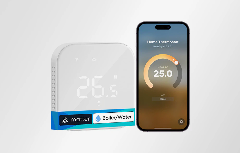 Un termostat inteligent Meross alb și un smartphone cu aplicația de control al temperaturii