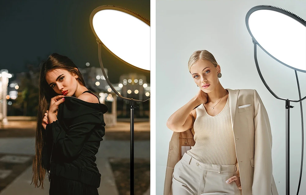 O comparație între lumina caldă din timpul nopții și iluminarea rece de studio asupra a două modele.