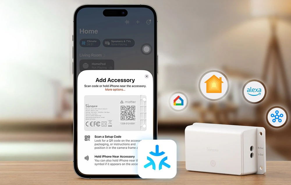Un smartphone care afișează ecranul de asociere a accesoriilor Matter cu pictogramele platformei de casă inteligentă.