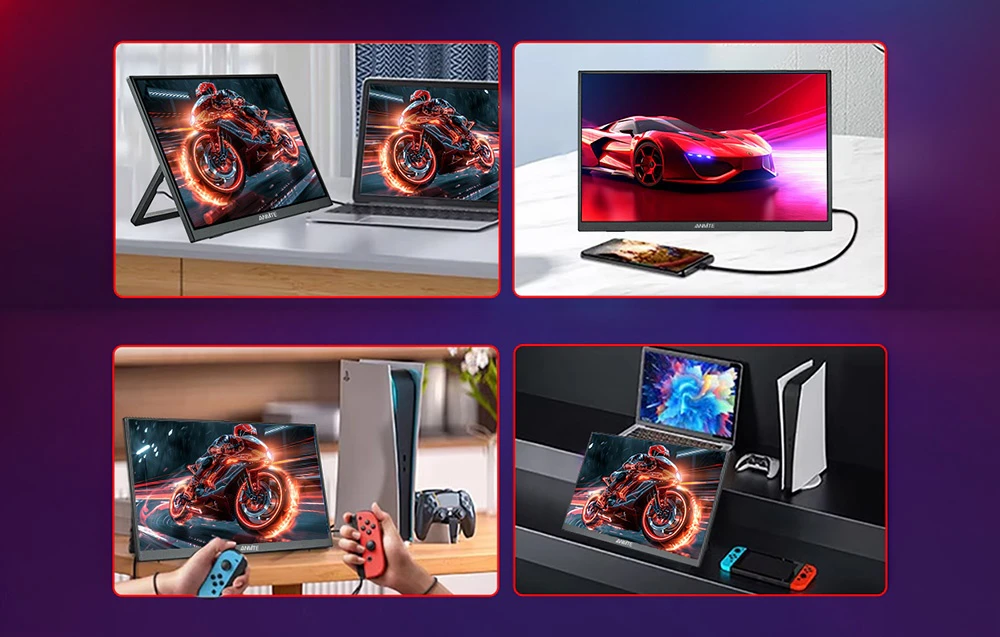 Patru fotografii care ilustrează utilizarea monitorului portabil împreună cu un laptop, un smartphone și console de jocuri.