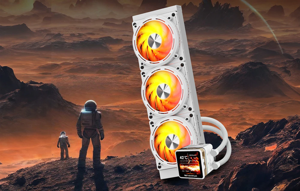 Răcire cu apă albă cu 3 ventilatoare și lumină de fundal, alături de astronauți