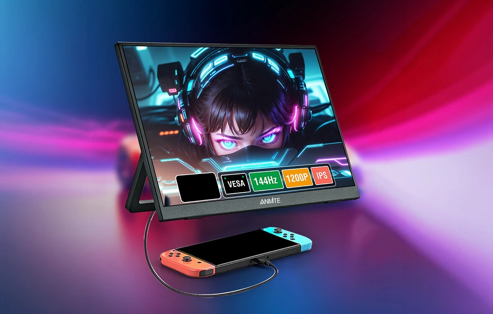 Un monitor portabil conectat printr-un cablu la o consolă mică de jocuri video.