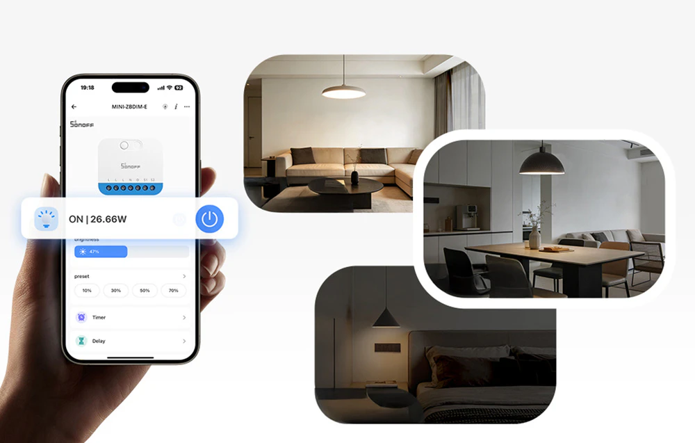 Smartphone cu aplicația Sonoff ținut în mână, în dreapta 3 camere cu luminile aprinse