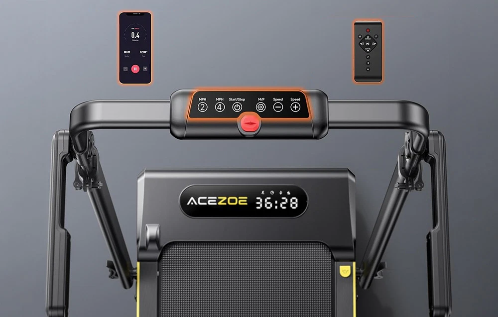 O bandă de alergare ACEZOE, cu un smartphone și o telecomandă vizibile deasupra ei