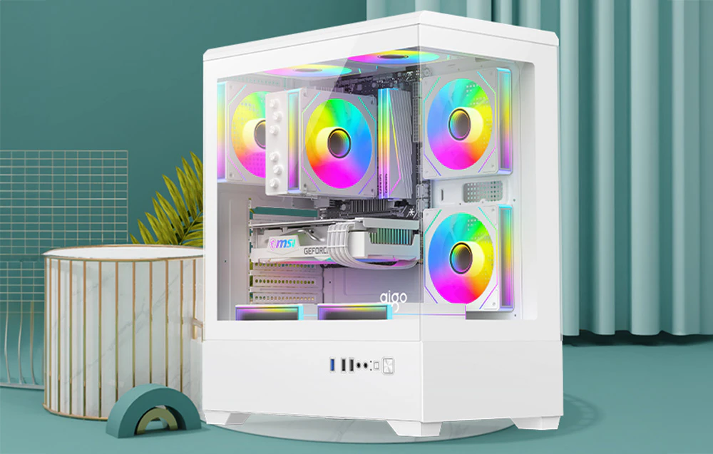 Carcasă albă pentru PC cu ventilatoare RGB într-un cadru aquamarine