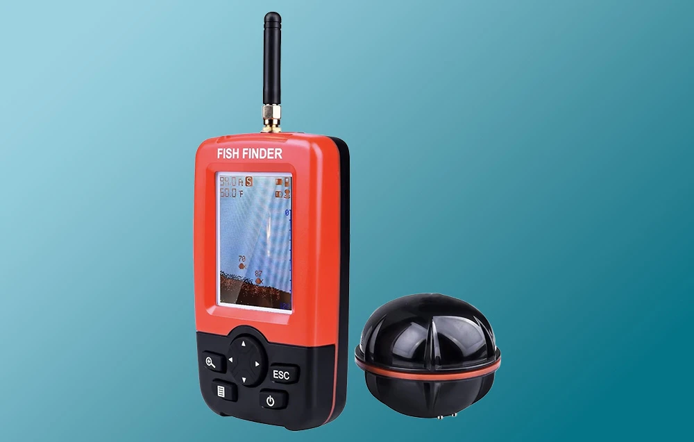 Ecosoundră roșie Fish Finder cu afișaj color și senzor sonar negru pe fundal turcoaz