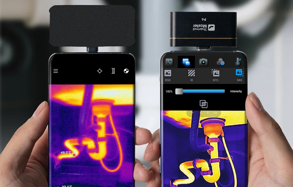 Două smartphone-uri ținute în mână afișează țevi sub o chiuvetă în infraroșu; meniu cu opțiuni RGB, IR, SPO, MIX și un glisor de intensitate