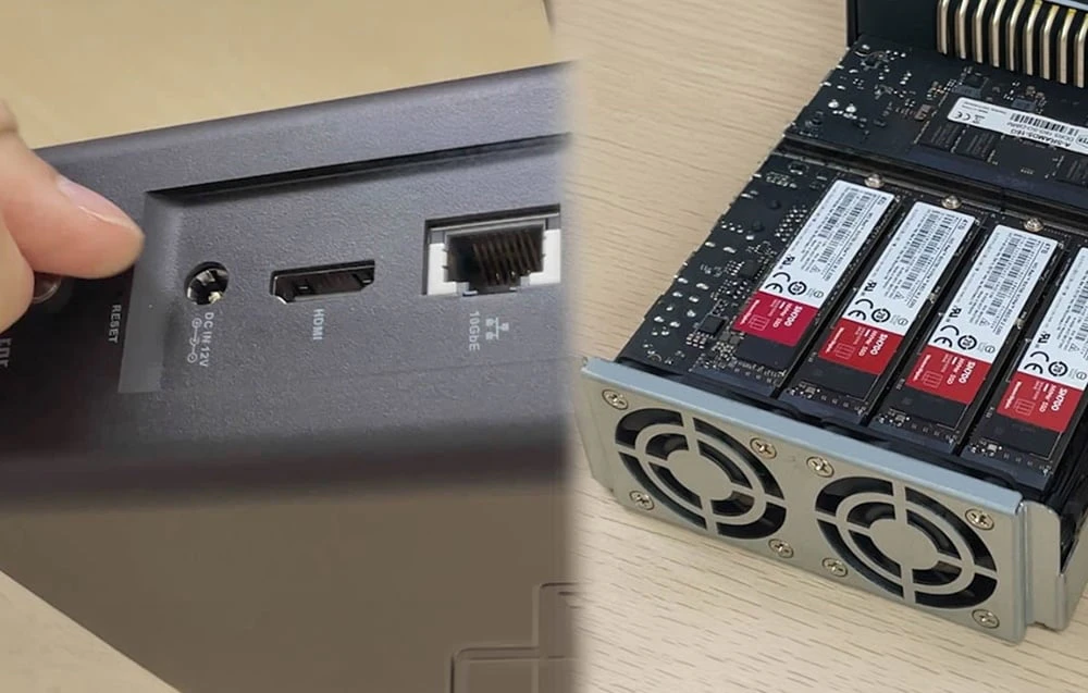 Prim-plan al panoului din spate al dispozitivului cu porturi și al interiorului cu module SSD M.2 instalate