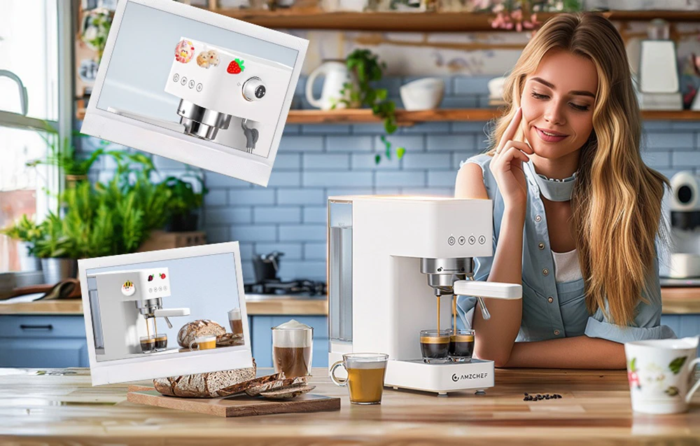 O femeie stă lângă o mașină de espresso AMZCHEF albă care prepară cafea într-o bucătărie luminoasă