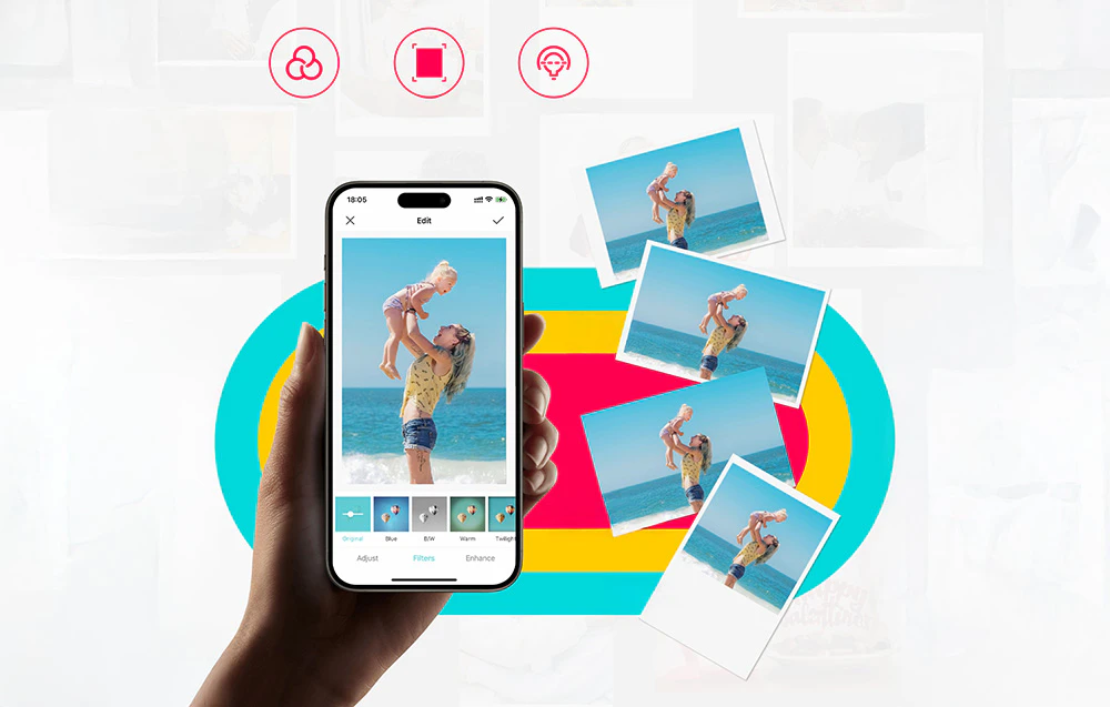 Persoană ținând un smartphone care afișează interfața aplicației de editare foto