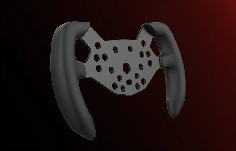 Volan de curse negru, cu trei spițe, cu mâner ergonomic și orificii de montare