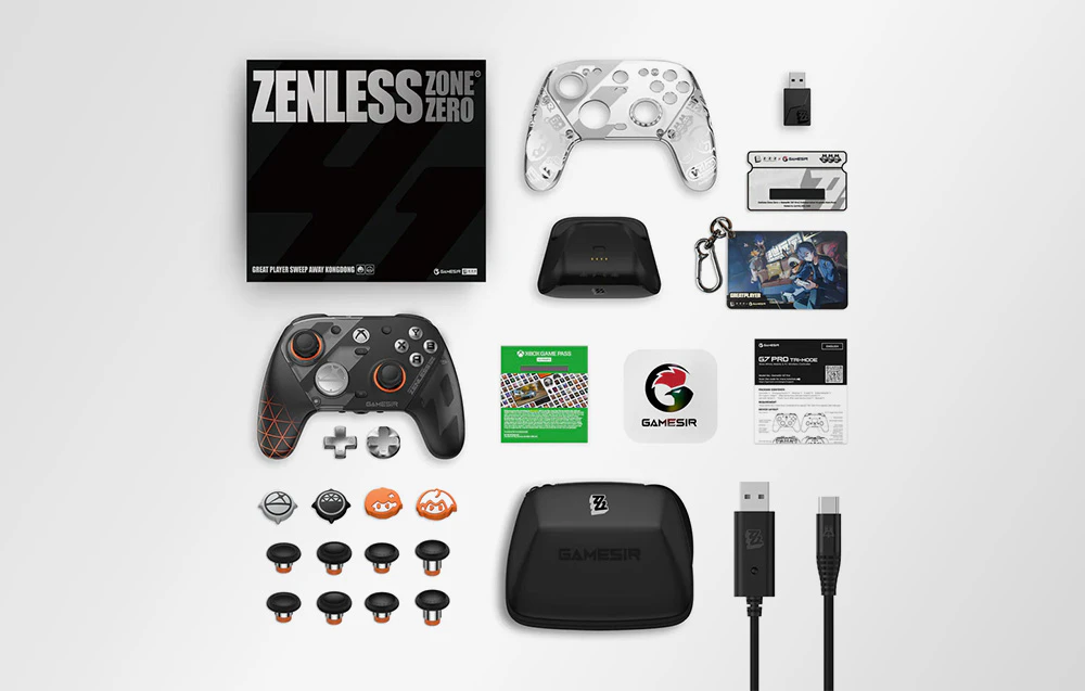 Kitul de accesorii pentru controler GameSir G7 Pro în ediția Zenless Zone Zero, prezentat din vedere de sus.