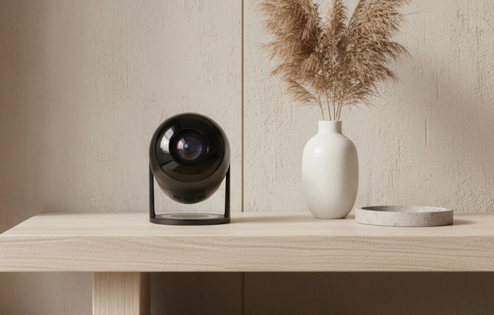 Un proiector negru orientat spre privitor stă pe un dulap de culoare deschisă lângă o vază albă cu iarbă decorativă
