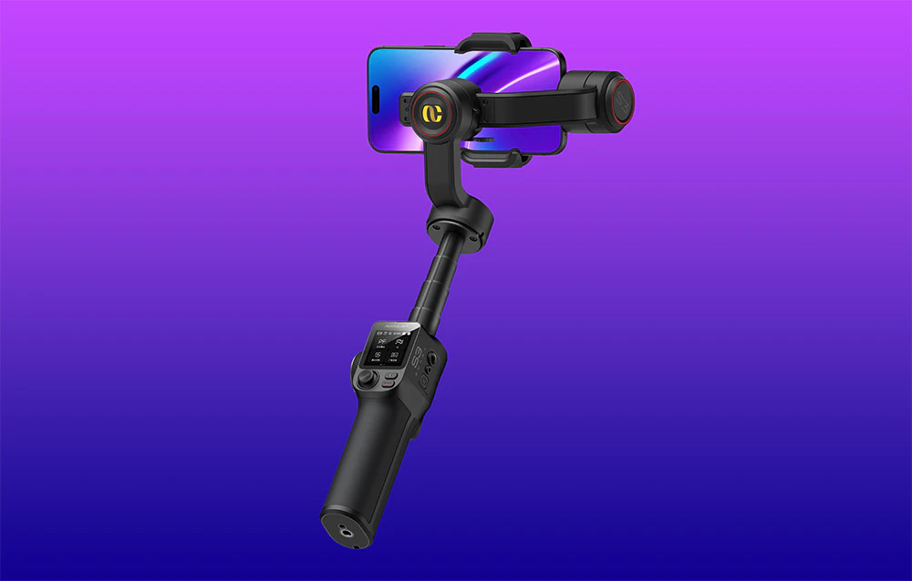 Un gimbal cu un smartphone într-o imagine dinamică pe un fundal cu gradient, prezentare de produs.