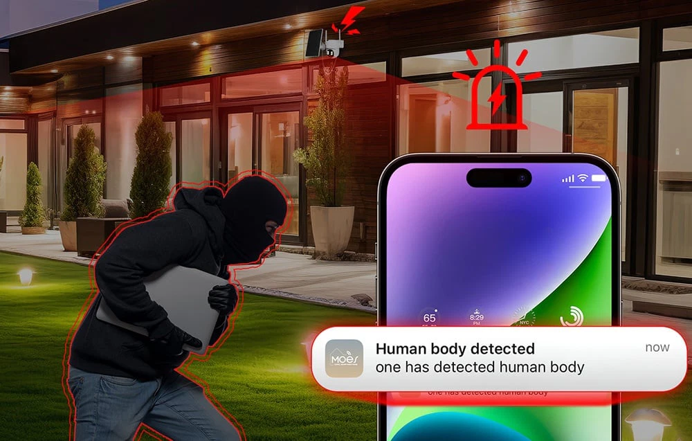 Un smartphone care afișează o notificare „Corp uman detectat” pe fundalul unei grădini, unde se vede o siluetă mascată cu un laptop