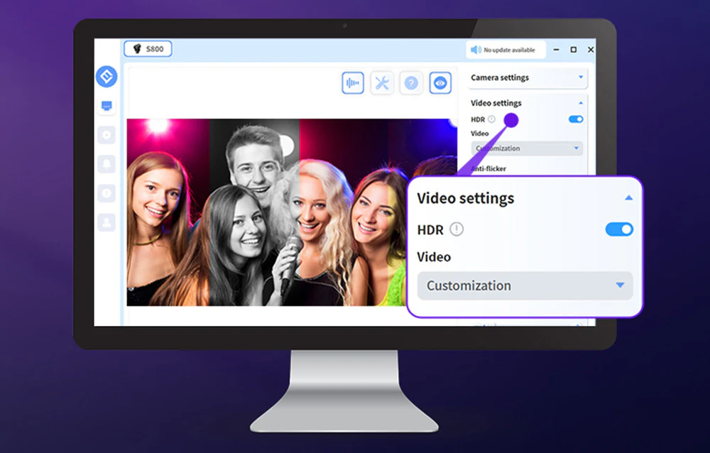 Monitorul afișează un program de setări video cu funcția de îmbunătățire a imaginii activată.