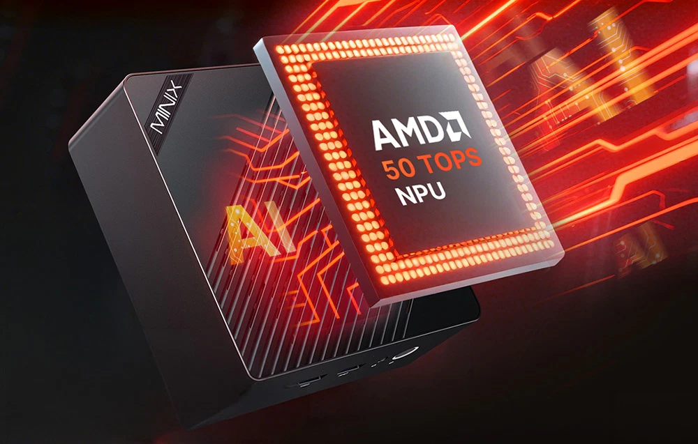 Carcasă neagră a unui Minix Mini PC cu un procesor AMD NPU de 50 TOPS și logo-ul „AI” iluminat din spate