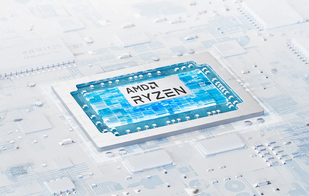 Un prim plan al procesorului AMD Ryzen pe un fundal alb.