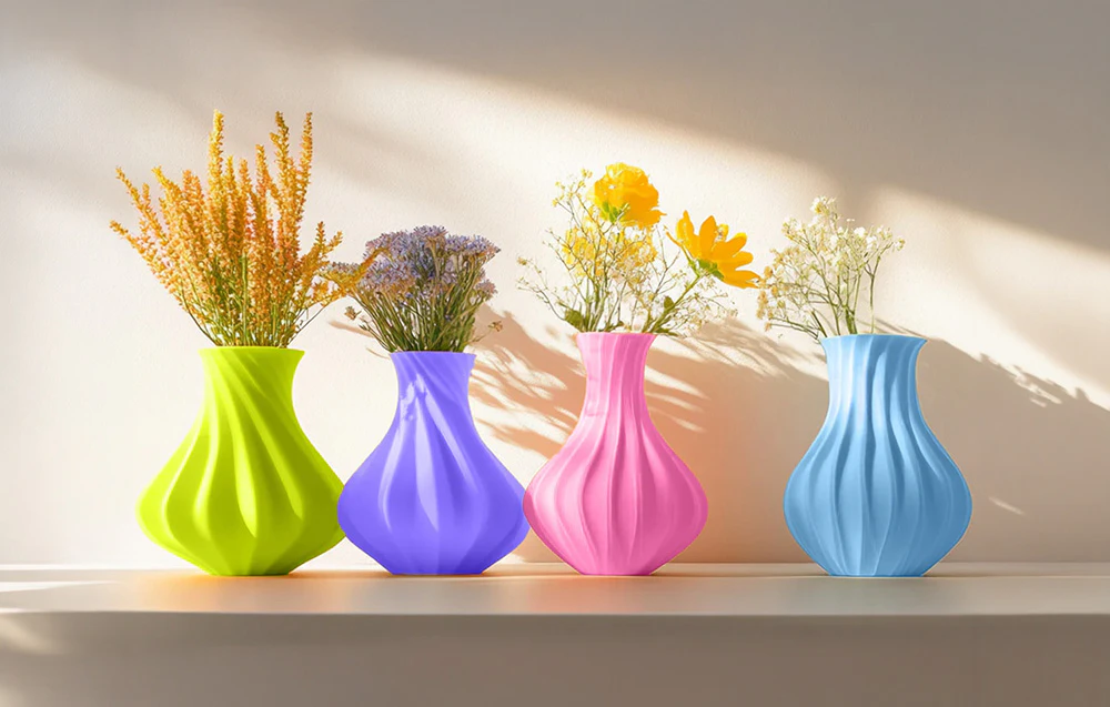 Patru vaze decorative în culori verde, violet, roz și albastru deschis, cu flori în interior.