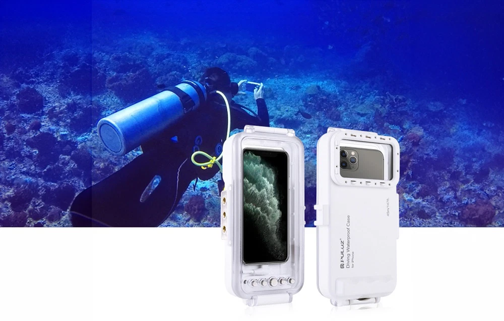 Husă albă PULUZ pentru scufundări, destinată smartphone-urilor, cu față transparentă și fereastră posterioară pentru cameră; demonstrație a produsului sub apă.