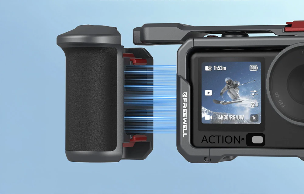 Detaliu al sistemului magnetic de montare a mânerului lateral pentru carcasa operatorului camerei DJI Osmo Action