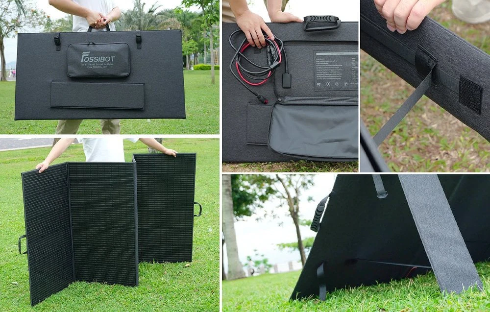Un colaj care prezintă transportul, instalarea și accesoriile panoului solar pliabil Fossibot