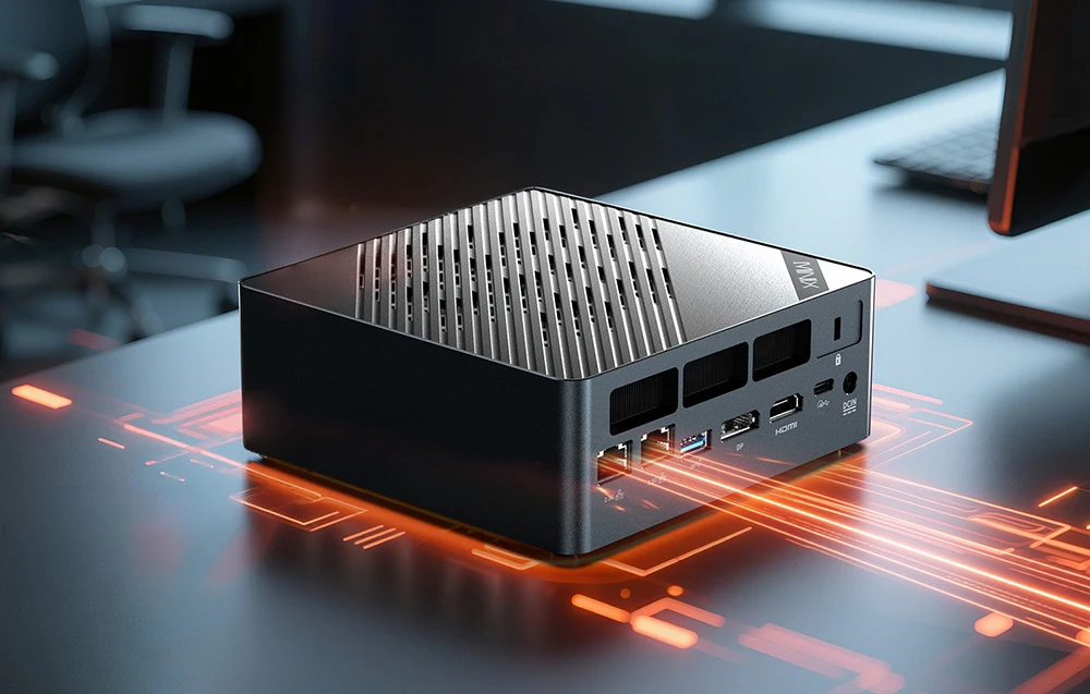 Un computer MINIX mic, negru, cu partea superioară perforată, așezat pe un birou cu grafică cu tematică tehnologică
