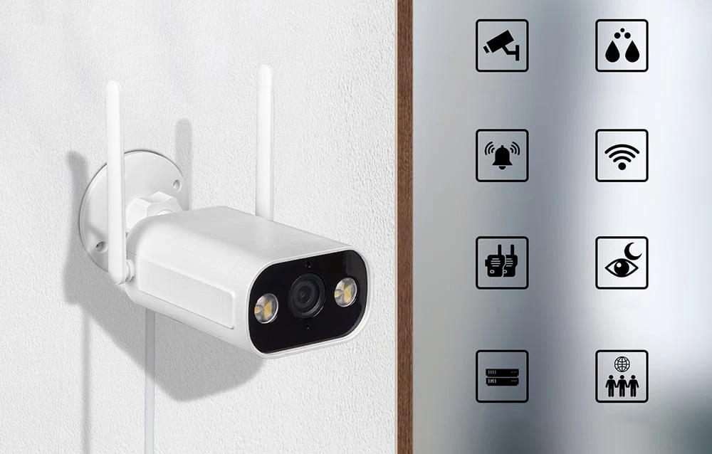 Cameră albă de exterior cu două antene montate pe perete și opt pictograme de funcții, inclusiv alarmă, Wi-Fi și modul nocturn