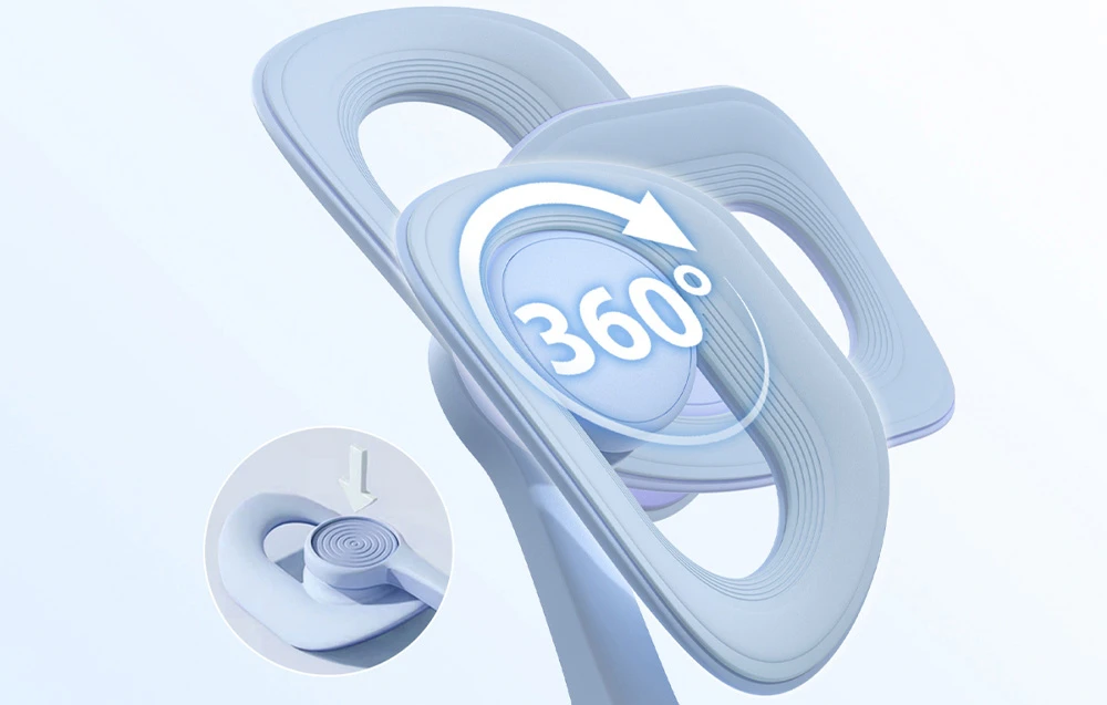 Grafic care ilustrează capacitatea de rotație la 360 de grade a accesoriului albastru deschis al dispozitivului de antrenament