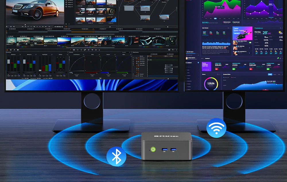 Mini computer GMKtec amplasat între două monitoare, cu pictograme Bluetooth și Wi-Fi care indică conectivitatea fără fir