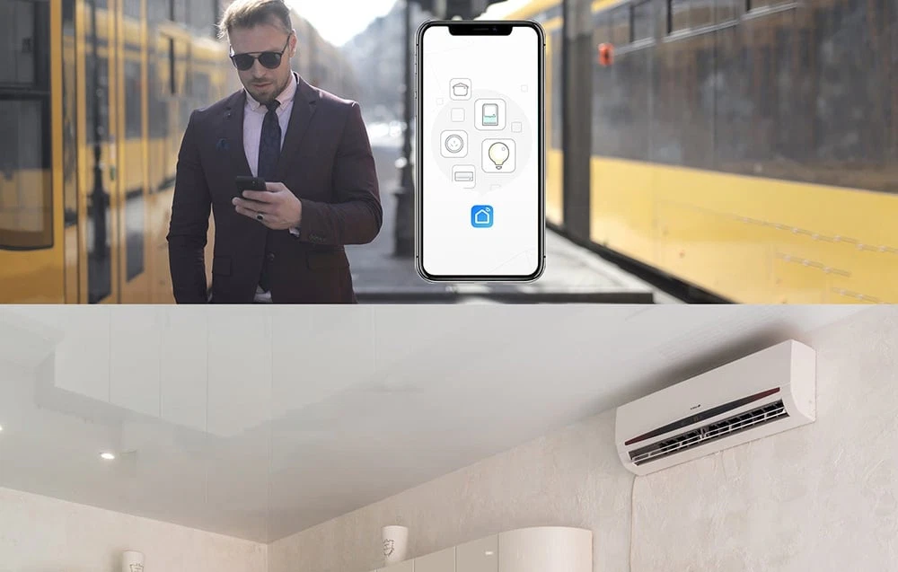 Un bărbat care folosește un telefon în aer liber pentru a controla de la distanță aerul condiționat din interiorul apartamentului.