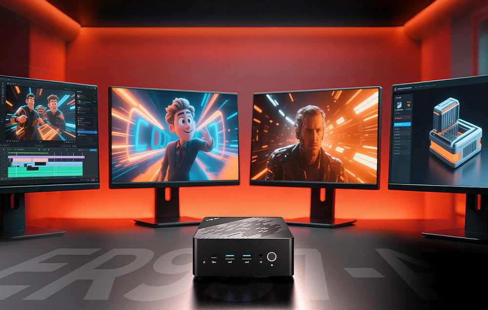Un Mini PC Minix negru pe un birou, conectat la patru monitoare cu grafică