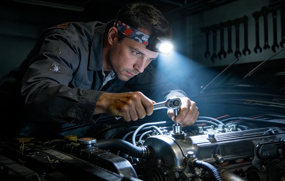 Un mecanic care poartă o lanternă frontală repară motorul unei mașini noaptea, iluminând interiorul compartimentului motorului.