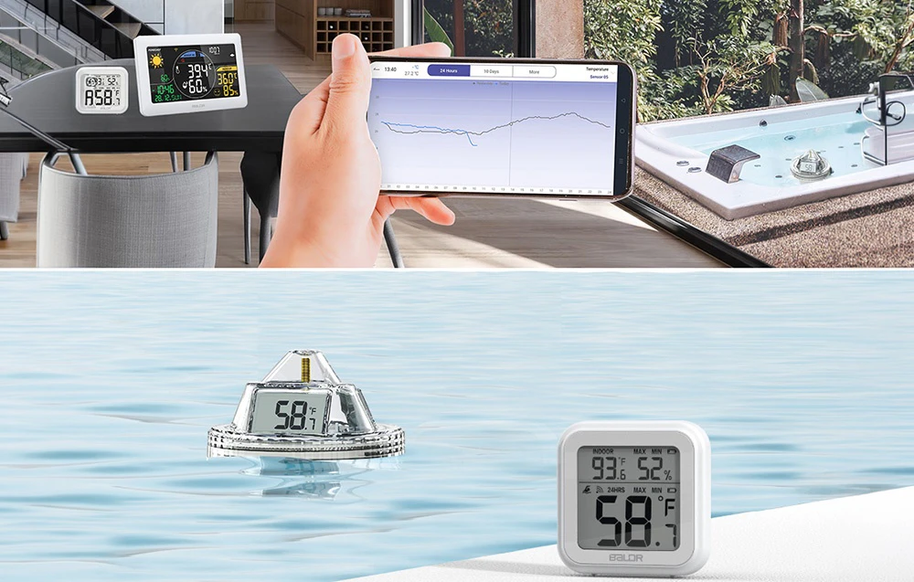 Două moduri de a citi datele de la termometrul pentru piscină — folosind receptorul interior și aplicația