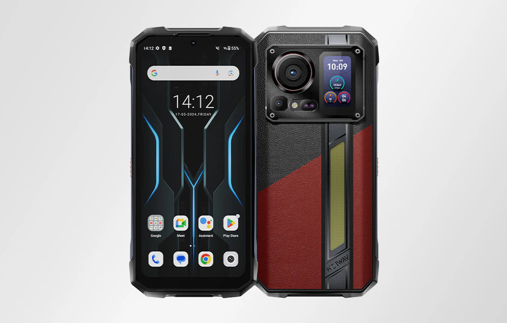 Vedere frontală și posterioară a unui smartphone HOTWAV negru; sistemul Android vizibil pe ecran, afișaj suplimentar și cameră pe partea din spate.
