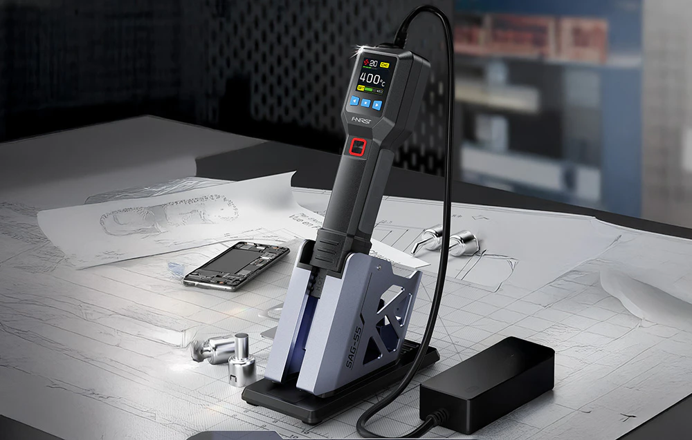 Pistol de căldură FNIRSI într-o stație cu afișaj digital care indică 400 °C, lângă sursa de alimentare.
