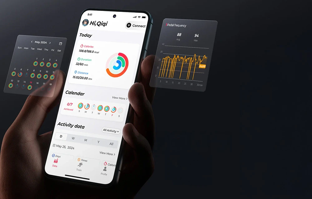 O mână care ține un smartphone cu o aplicație de fitness deschisă și grafice de activitate pe ecran, pe un fundal întunecat
