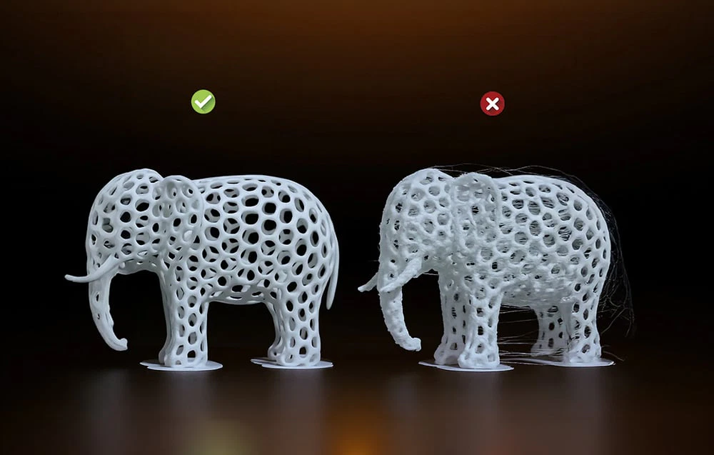 Compararea calității imprimării folosind filament uscat și umed pe un model de elefant