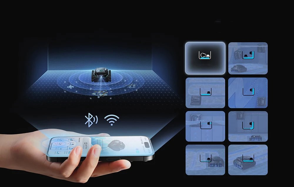Smartphone care controlează robotul Wybot M2 prin Bluetooth cu pictograme ale modului de operare