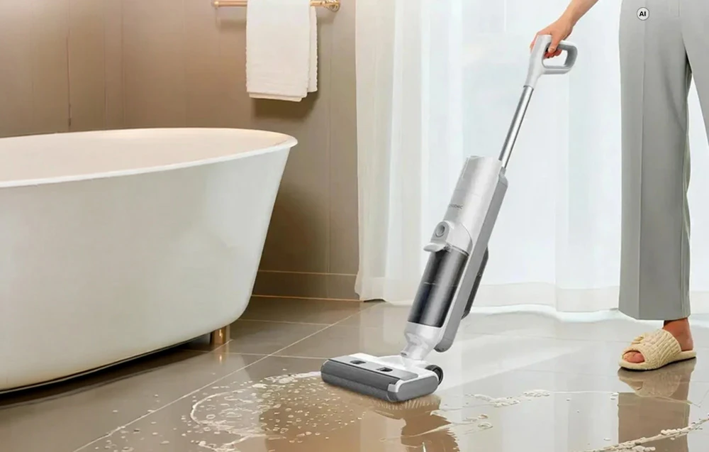 O femeie care stă lângă cadă curăță podeaua lucioasă a băii cu un aspirator vertical Proscenic