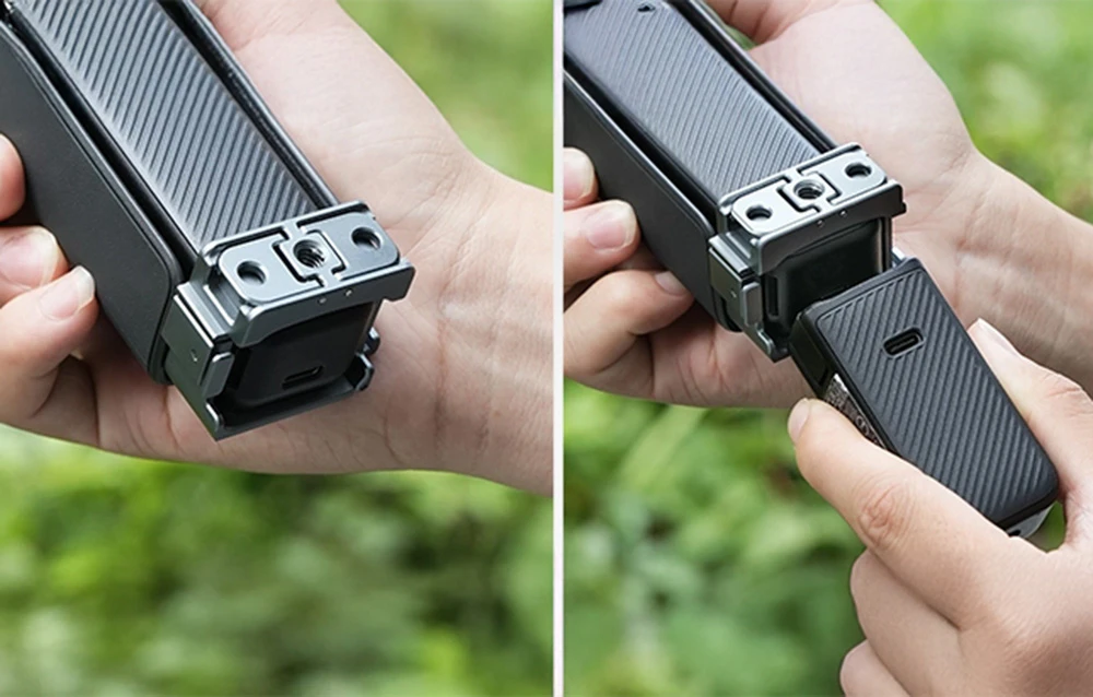 Două fotografii care arată îndepărtarea modulului inferior al camerei DJI Pocket cu suportul Sunnylife BK016 instalat